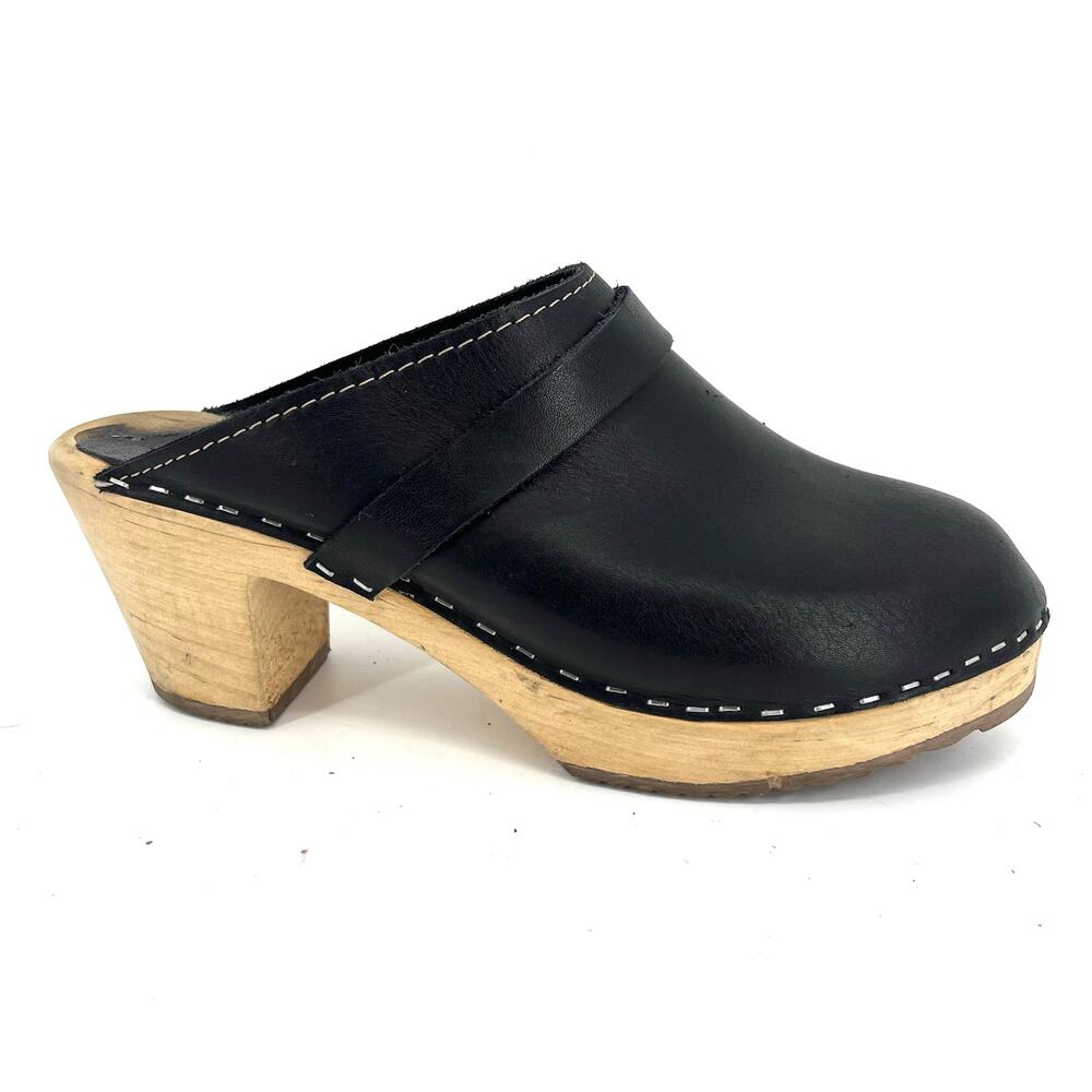 Lotta From Stockholm Women's Black Leather Wooden Slip on Mule‎ Clogs EU38 US7.5